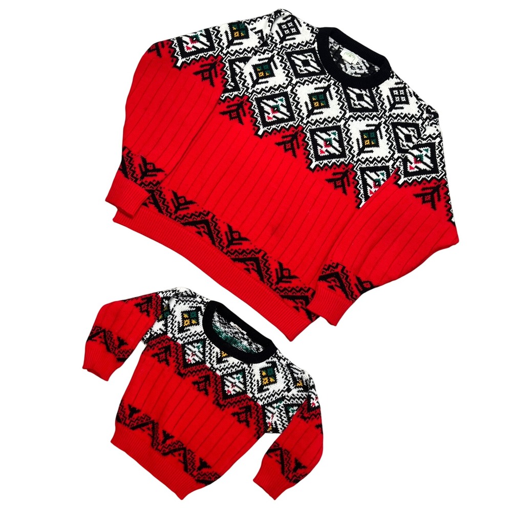 Vintage Brights Creek Matching Parent Child Sweater Set Red Fair Isle L & 2T 3T